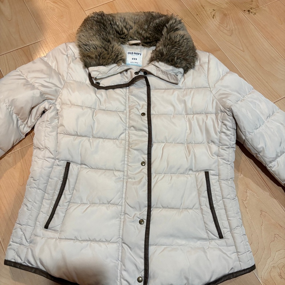 Old Navy Womens Cream Quilted Puffer Jacket Faux Fur Collar Beige Medium RN54023